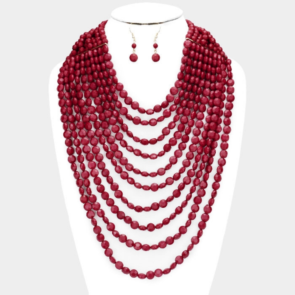 Burgundy Multi Chain Strand Faceted Bead Necklace Earrings Set Layered Accessory